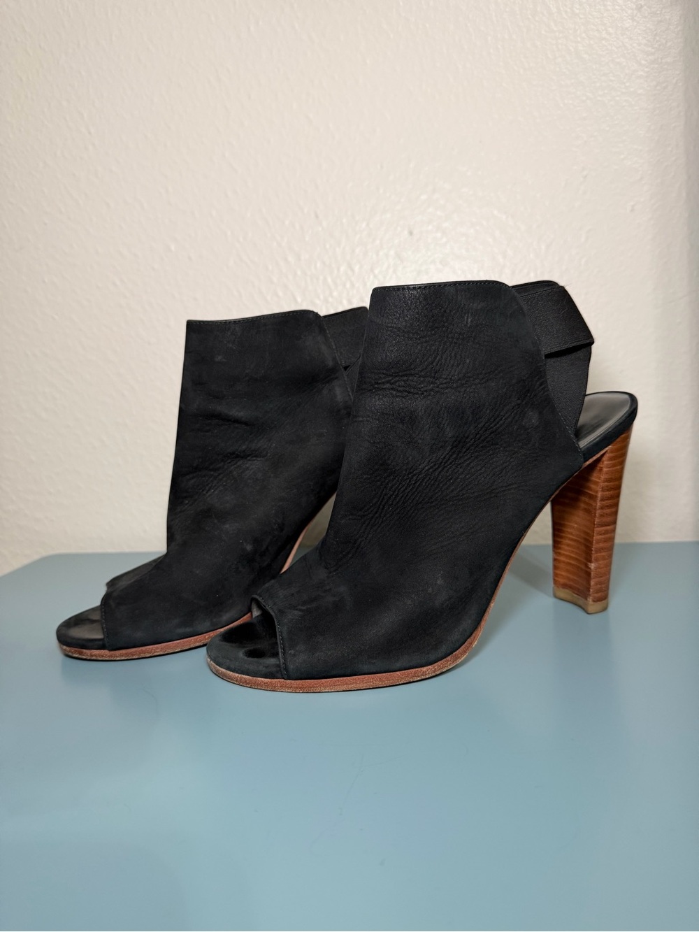 Stuart Weitzman Black Suede Peep-Toe Block Heel Booties - Size 7
